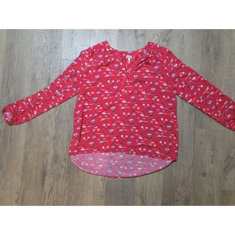 Chip & Pepper Women M Coral Red Tropical Palm Tree Popover Rayon Blouse